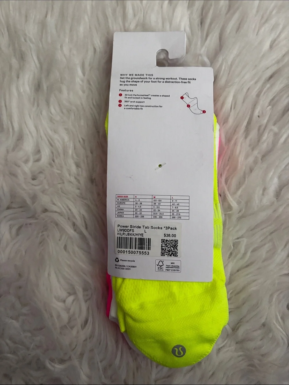Lululemon Women’s Power Stride Tab Socks, Pink/Yellow/White, Large